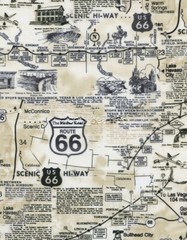 On The Road Again America Main Road Route 66 map Cream Cotton Fabric By 1/2 YARD