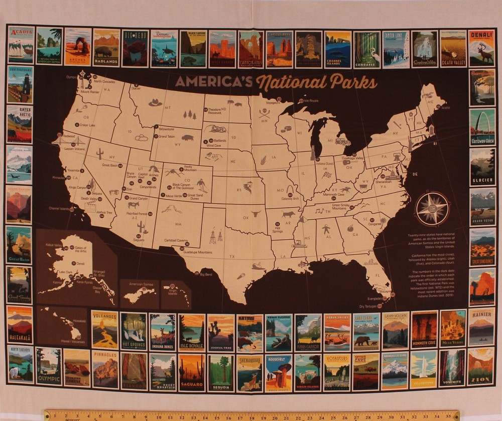 36.5″ X 44″ Panel America’s National Parks Map Postcards Cotton Fabric D472.42