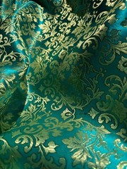 Emerald Green & Gold Leaves Damask – Faux Silk Brocade Jacquard Fabric