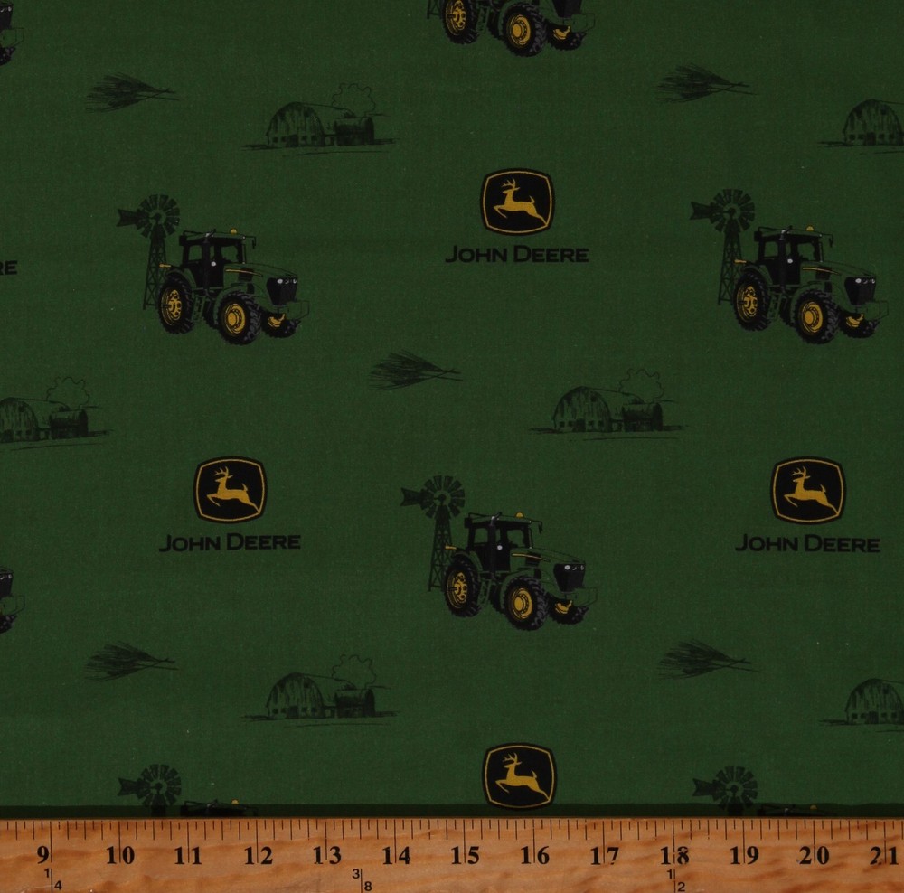 Cotton John Deer Tractors Farms Lands Logos Green Fabric Print by Yard D370.76