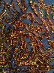 Phoebe Iridescent ORANGE GOLD Sequins on BLACK Mesh Lace Fabric by the Yard – 1