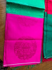 2 Pcs Korean Trad: Double-Sided Silk? Fabric 76″x58 each, Red/Green/Fuchsia New