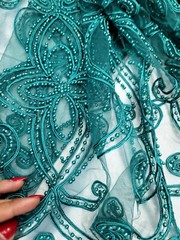 Fabric Sold By The Yard Emerald Green Lace Pearls Embroidery Geometric For Dress