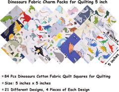 84Pcs 5X5 Dinosaur Cotton Fabric Squares for Baby Boy – Dinosaur Charm Pack Fabr