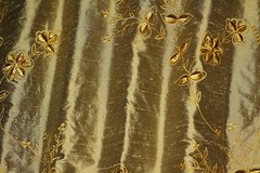 Antique Gold velvety Embroidery Dupioni Shantung 100% Silk Fabric 54″ W (EB-857)