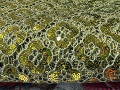 Gold Green Metallic Sequins Lace Fabric Geometri Guipure 56” W X 87” L