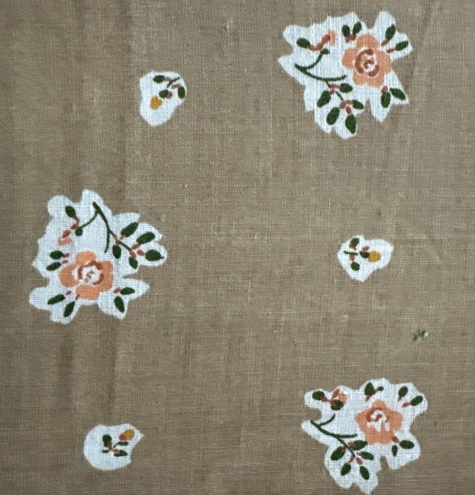Vtg Cotton Floral Fabric Orange Marigold Plants on White & Tan W45”xL3.7Yards