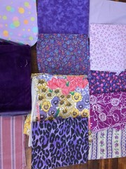 Lot of 17 Fabric Scraps, floral, dots, stripes, animal print, shades of purple