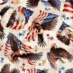 Quilting Treasures – 1776 – Eagle & Flag Toss – Birch, Fabric by the Yard