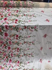 Pink Floral Lace Red Flowers Embroidery On Nude Mesh Fabric Sold By The Yard
