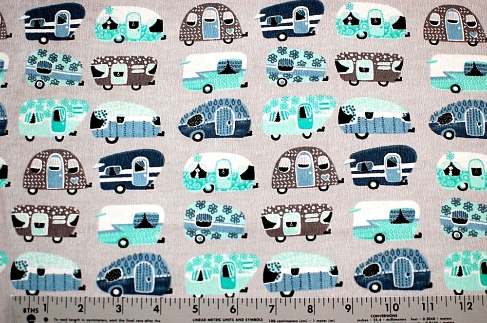 BTY*FACE MASKS*TINY CAMPERS/TRAILERS ON LT GREY 100% COTTON FLANNEL FABRIC 42X36