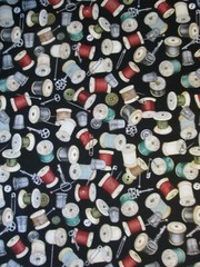 THREAD SPOOLS OF THIMBLE NEEDLES THREADER MORE ON BLUE COTTON FABRIC BTHY