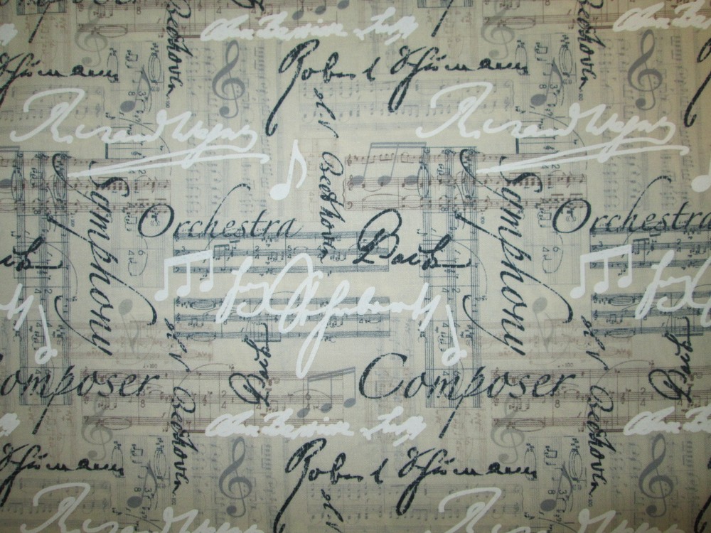 MUSIC NOTES LINES WORDS ORCHESTRA BACH LINEN BACKGROUND COTTON FABRIC FQ