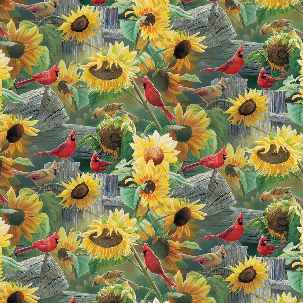 Red Cardinal & Sunflowers Nature by David Textiles Fabric 44″ Wide BTY