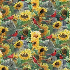 Red Cardinal & Sunflowers Nature by David Textiles Fabric 44″ Wide BTY