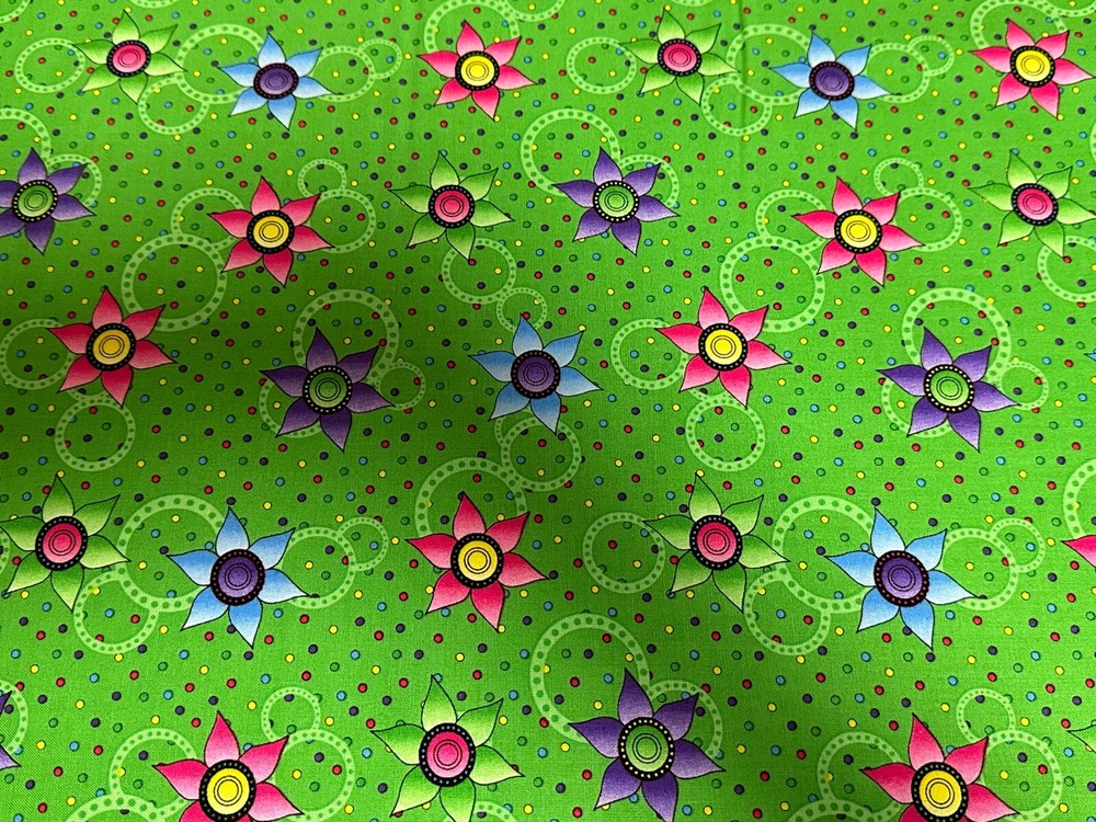 Colorful Flowers and Dots on green cotton Fabric per yd. quilt / sew