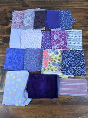Lot of 17 Fabric Scraps, floral, dots, stripes, animal print, shades of purple