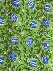 Indian Lime Green and Blue Floral Hand Block Print Cotton Fabric (by the yard)