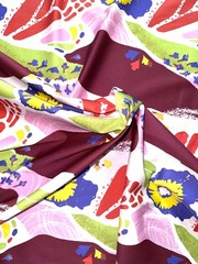 African Stretch Cotton Satin Fabric- Pink, Brown, Green “Sweet Thistle”, Per Yd