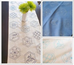 Sashiko table runner fabric Cream traditional hexagon patterns Pre-printed cotto