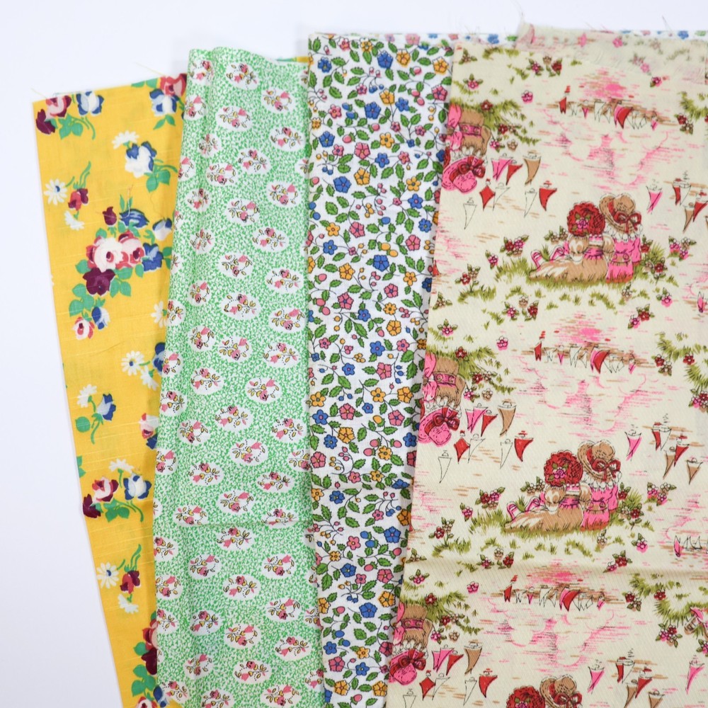 Vintage Fabric LOT Scraps Remnants Floral 1970s 60s Prints Novelty Kids Cotton