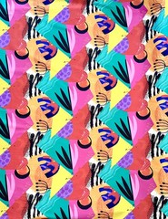 African Stretch Cotton Satin Fabric- Teal, Pink, Orange “Happy Hour”, Per Yard