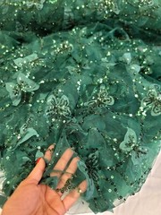 Emerald Green Lace 3d Butterflies on Mesh Prom Fabric Sold by the Yard Gown Quin