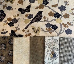 7.5 Yds PLUM BLOSSOMS Kathy Hall Birds Metallic Gold Cream black Asian Andover