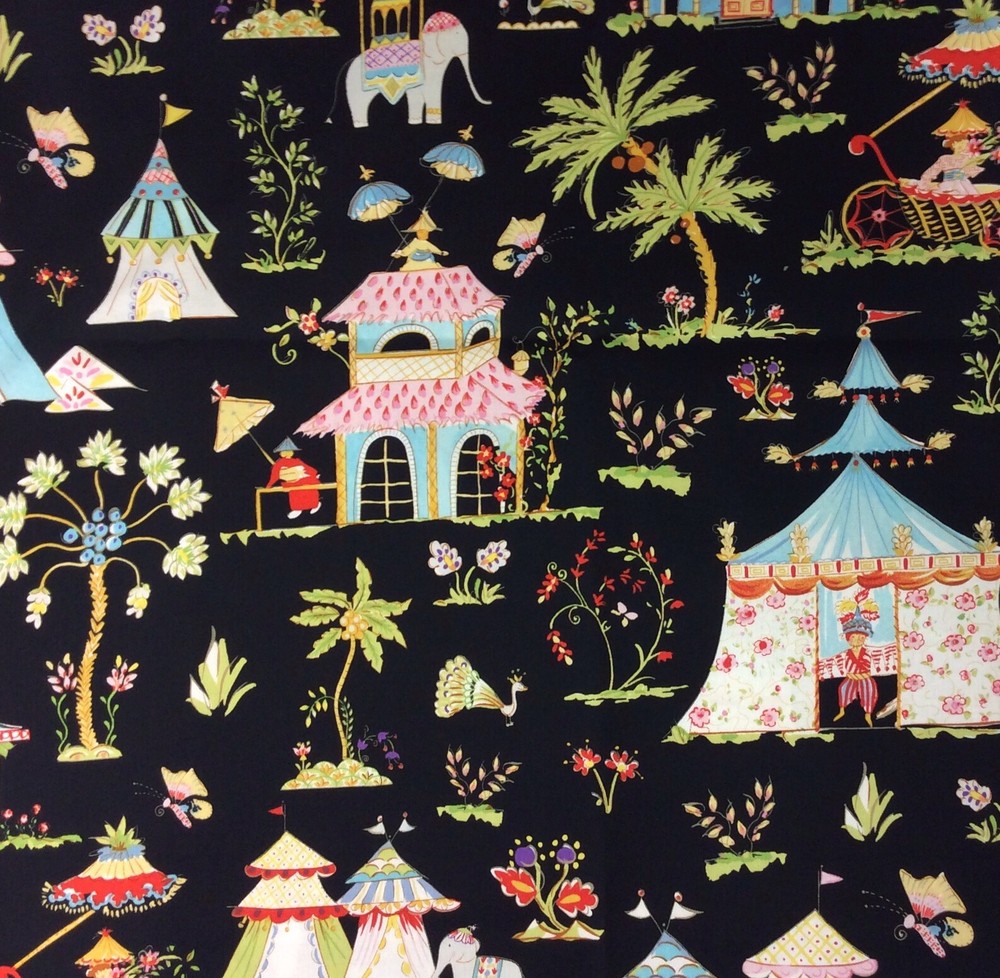 RPBC003 Toile Asia Tropical India Tent Elephants Palm Tree Cotton Quilt Fabric