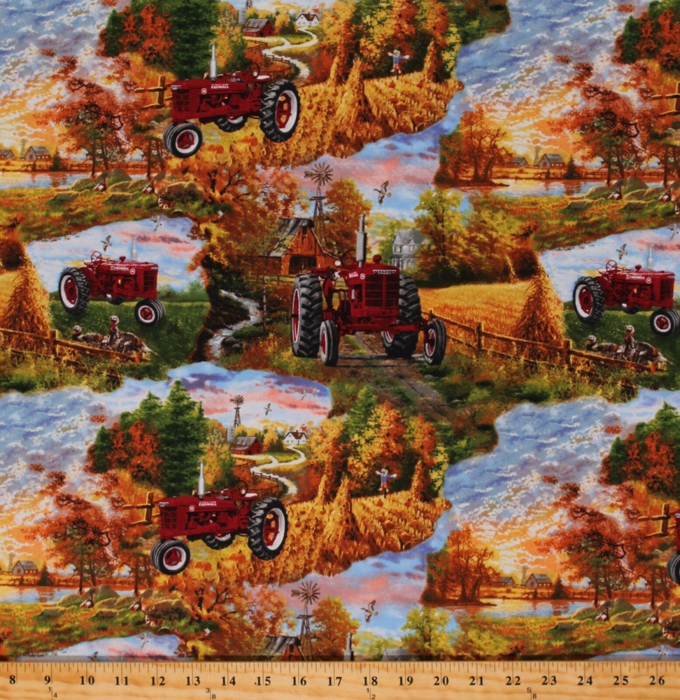 Cotton Farmall Tractors Pumpkins Fall Farm Fabric Print by Yard D361.27