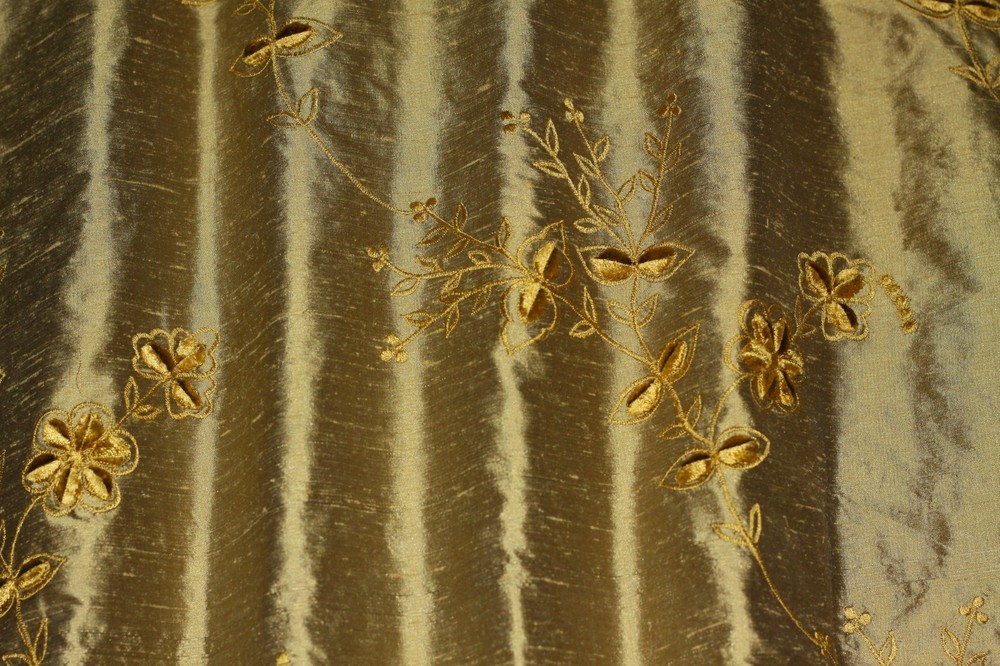 Antique Gold velvety Embroidery Dupioni Shantung 100% Silk Fabric 54″ W (EB-857)