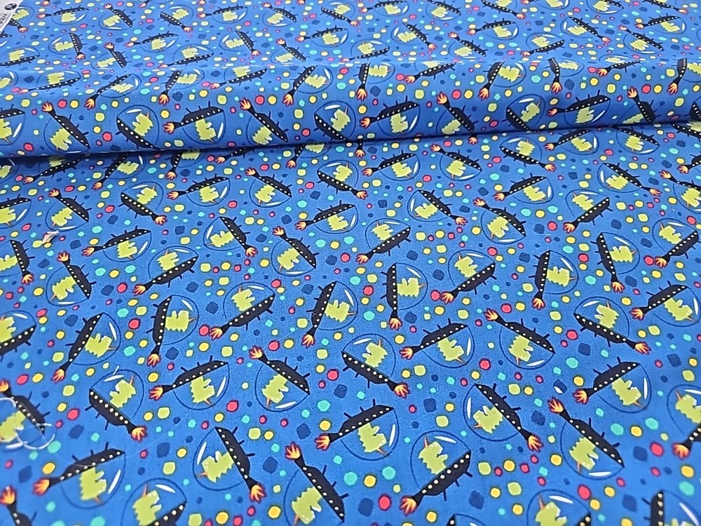 Aliens in Spaceships Blue Outer Space Cotton Fabric Windham Sold By The Yard