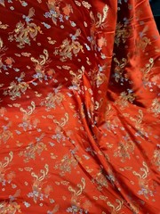 Red Color Brocade Silk Satin Chinese Woven Fabric BY THE YARD Dragon Multicolor
