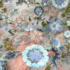 Flower Bead Embroidery Fabric Lace Tulle Dress Wedding Dress Fabric DIY Sewings