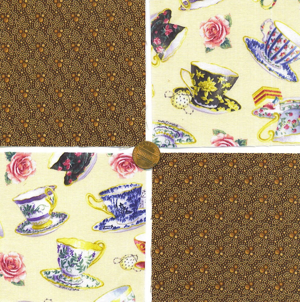 Teacups and Tea Leaves 4 inch 100% Cotton Novelty Fabric Quilt Squares YW1