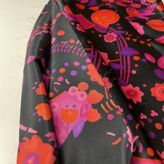 3+ Yards Silky Fabric Bright Pink Orange Purple Floral Print On Black