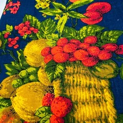 1+ Yard Vintage House N Home Fabrics Fruit Baskets Blue Red Bark Cloth Cotton