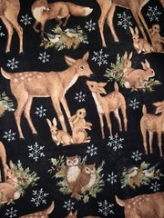 Christmas Deer-Fawn-Rabbits-Owls With Evergreens-Black Background Fabric.