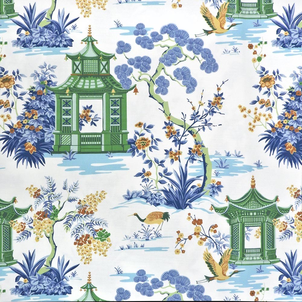 Harmony Bluebell Green Blue Gold Asian Pagoda Print on White Regal Fabric