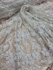 White 3d Lace Fabric Sold By The Yard Embroidery 3d Floral Beaded On Mesh