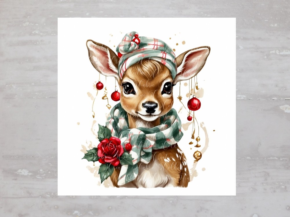 Red Rose Scarf Christmas Deer Fawn Fabric Panel Craft Sewing Quilt Block A307