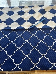 EUC 73”Lx44”W navy/white fish-scale/scallop pattern raised weave uphlstry fabric