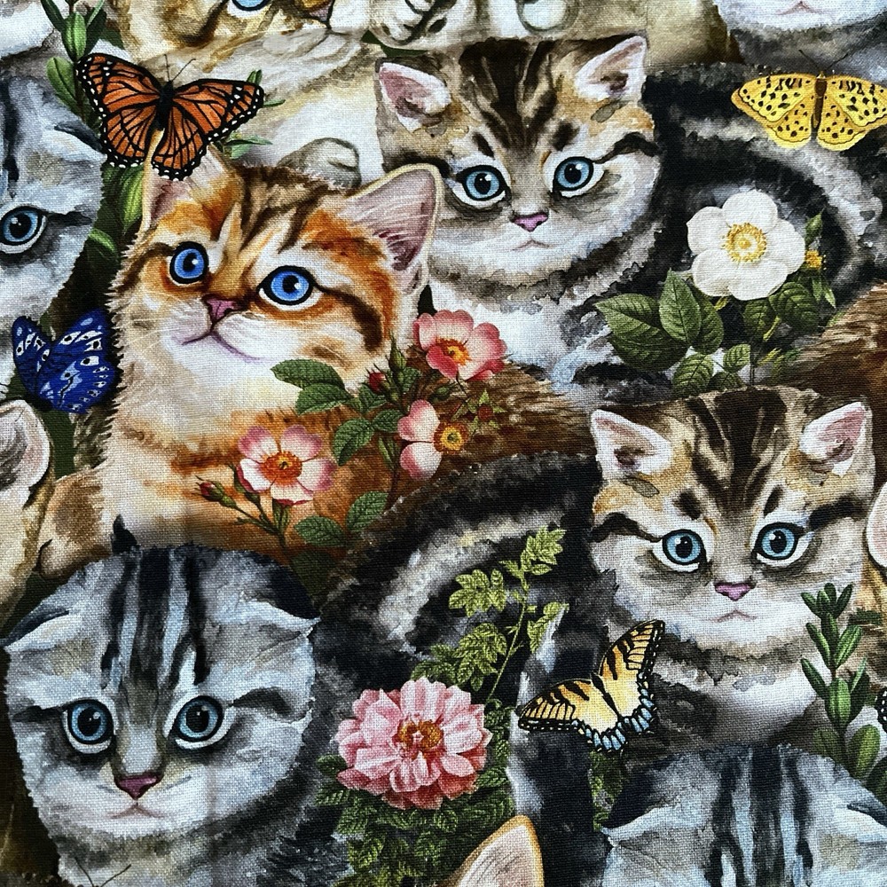 Realistic Kittens Cats Garden Floral Butterflies David Textiles 2 Yards