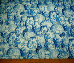 Oriental Fabric 7/8++ Yard Blue & White Ginger Jars Vases on White Asian Cotton