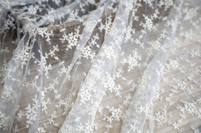 Retro Style Light Beige Floral Cotton Embroidered Mesh Lace Fabric By the Yard