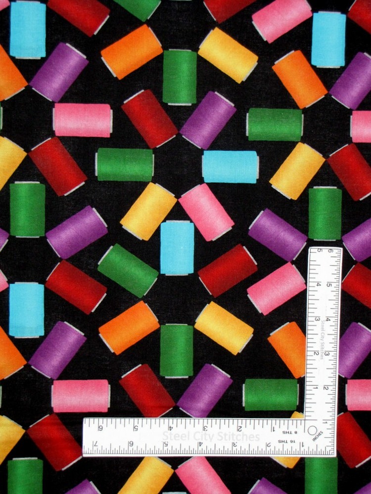 Sew Quilt Thread Spool Toss Fabric By the Yard Black Cotton Benartex