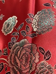 Asian Purple Blue Green Flowers on Red Jacquard Satin Fabric 19″ x 47″ Width